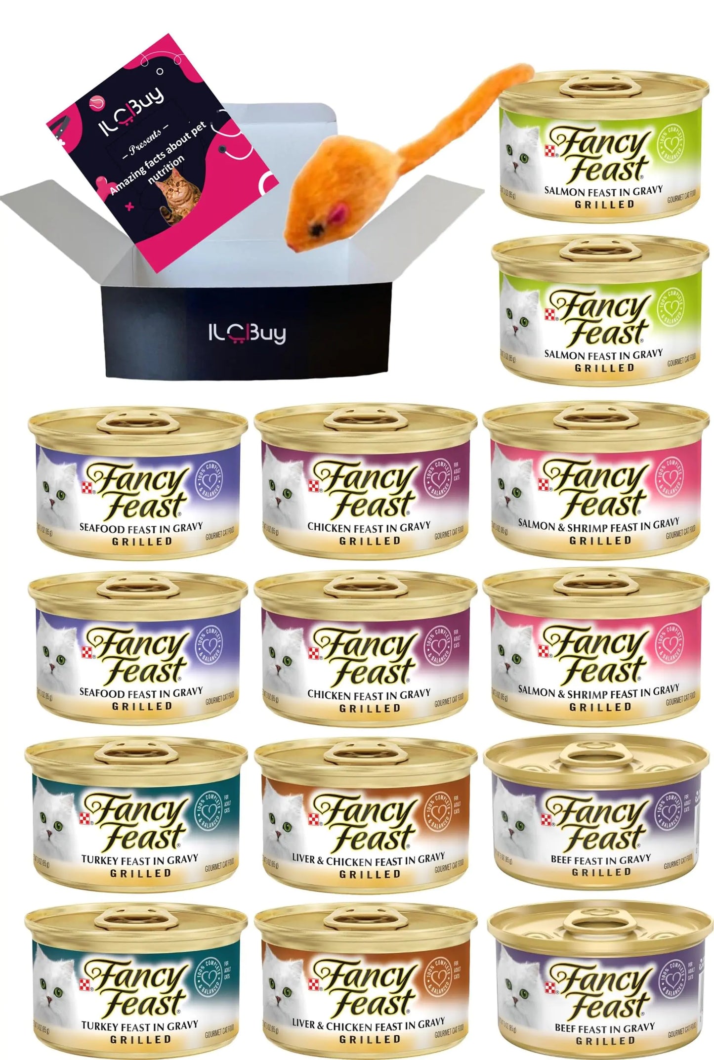 ILC Buy Grilled Wet Canned Food Bundle Variety Pack: 07 Flavors(02each) Pack of 14 cans.Plus Kit Pet Toys and Booklet.
