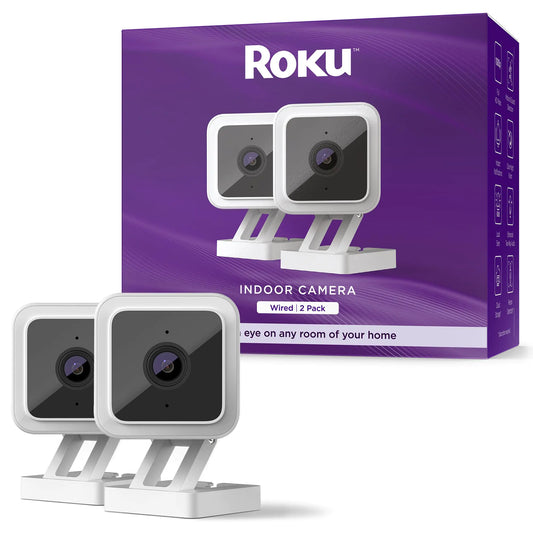 Roku Indoor Camera for Home Security 2-Pack - Wired Security Camera with 1080p HD Color Night Vision Compatible with Alexa & Google Motion & Sound Detection Built-in Siren (Renewed)